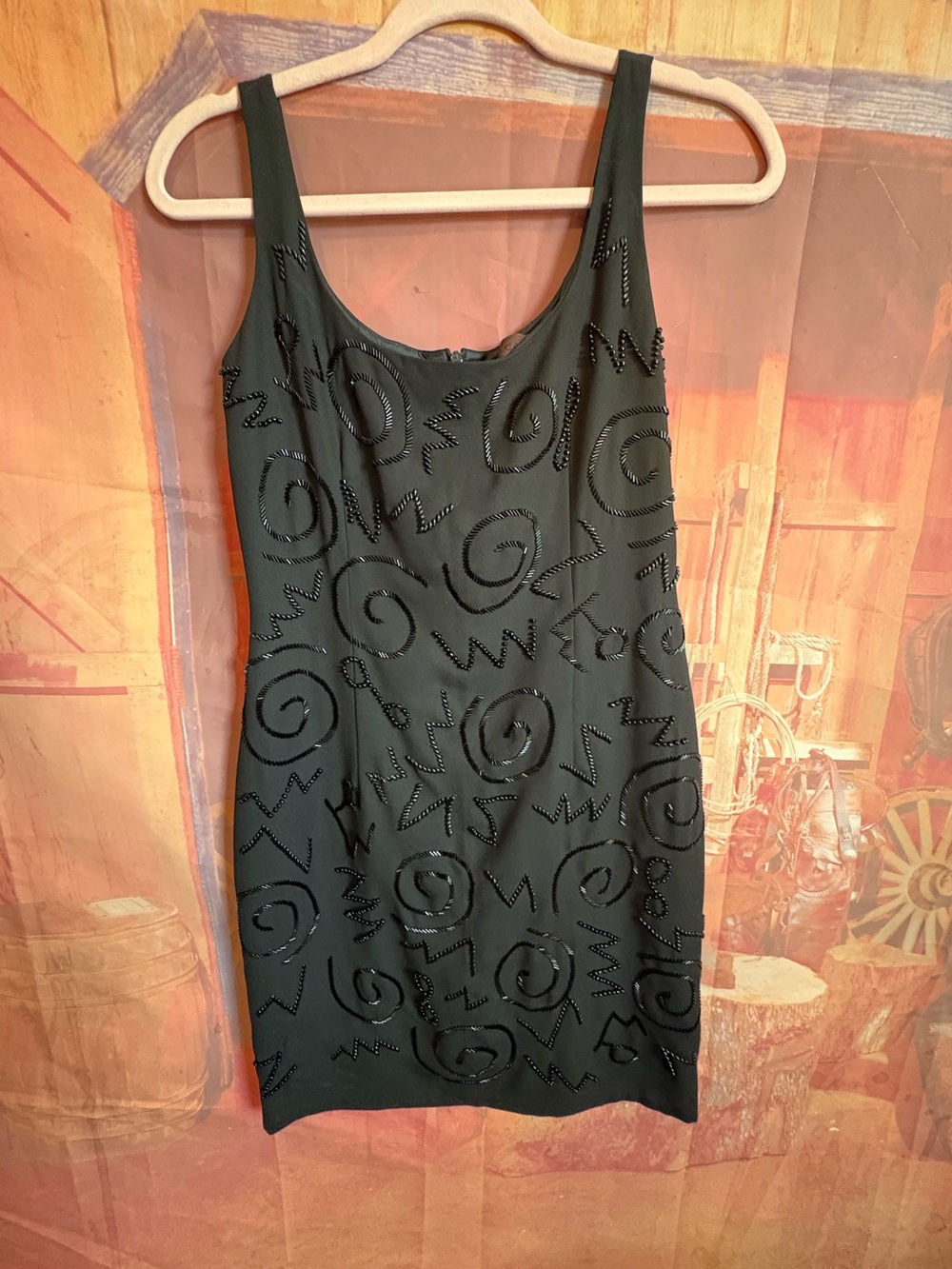 Vintage Caviar Black Beaded Swirl Mini Dress Size S